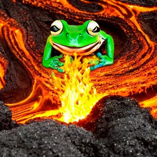 Image similar to frog screaming at an ocean of lava split in two