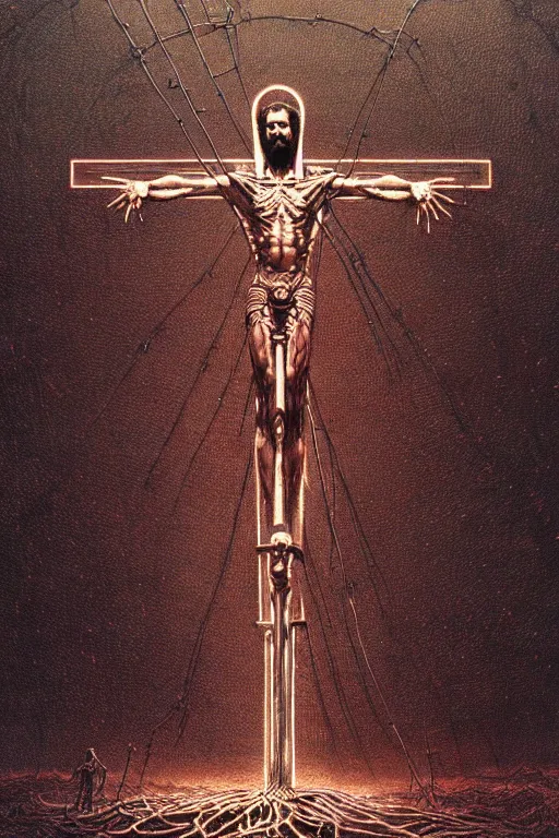 Prompt: full body shot of a cybernetic jesus on the cross, wires, cyberpunk art by beksinski and giger and seb mckinnon and josan gonzalez, digital art, highly detailed, intricate, sharp focus, trending on artstation hq, deviantart, pinterest, unreal engine 5, 4 k uhd image