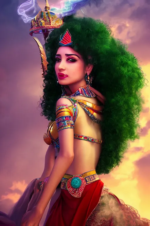 Prompt: dreamy beautiful persian egyptian princess in colorful clouds and smoke, green eyes, red dress, long black curly hair, smiling in awe wearing a diamond tiara, face, highly detailed, artstation, concept art, sharp focus, hyper realistic, octane render, unreal engine, 8 k