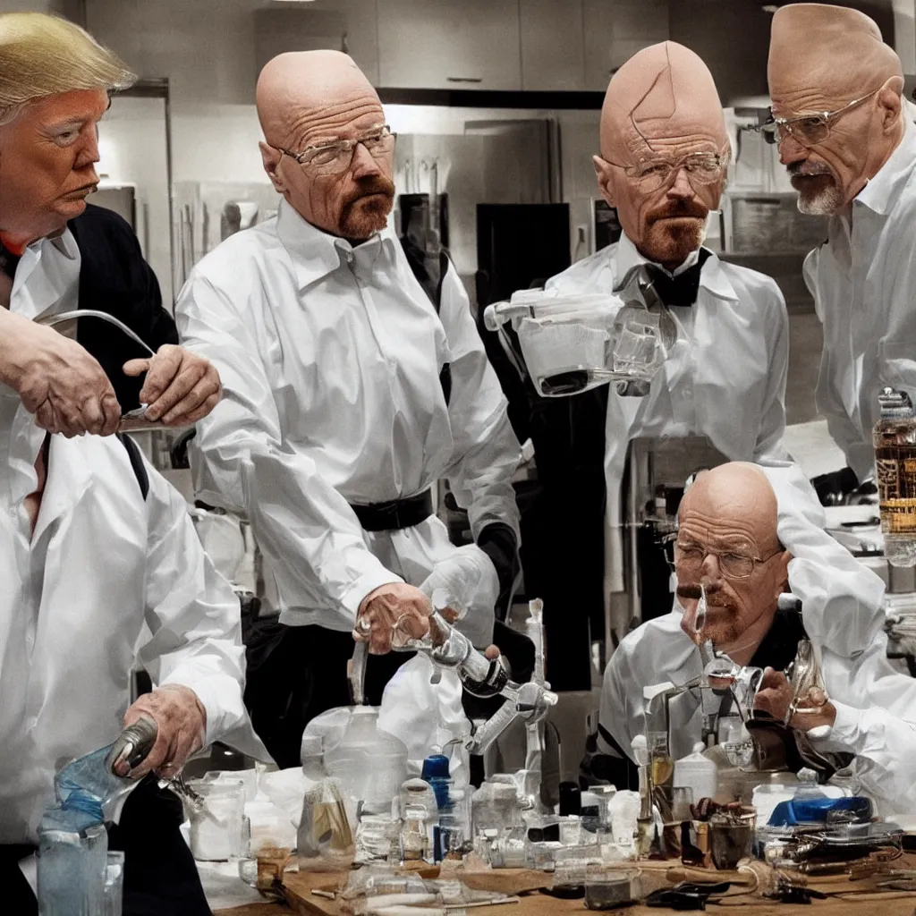 Prompt: Highly detailed photo of Walter White and Donald trump making meth