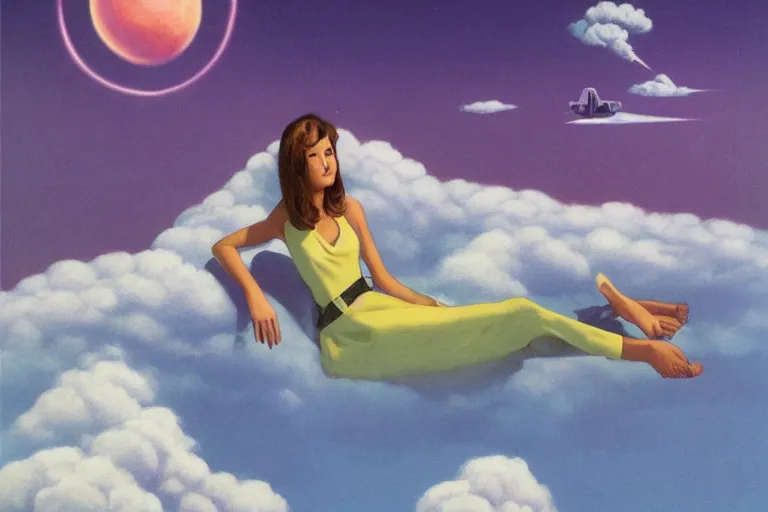 Image similar to a beautiful girl relaxing on a cloud by angus mckie, portrait,