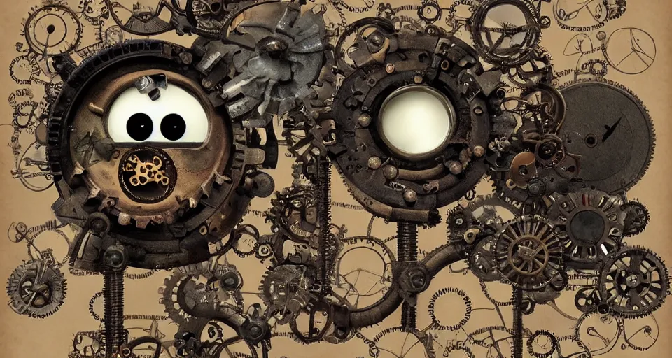 Image similar to a tiny cute steampunk monster with cogs and screws and big eyes smiling and waving, in the style of dave mckean