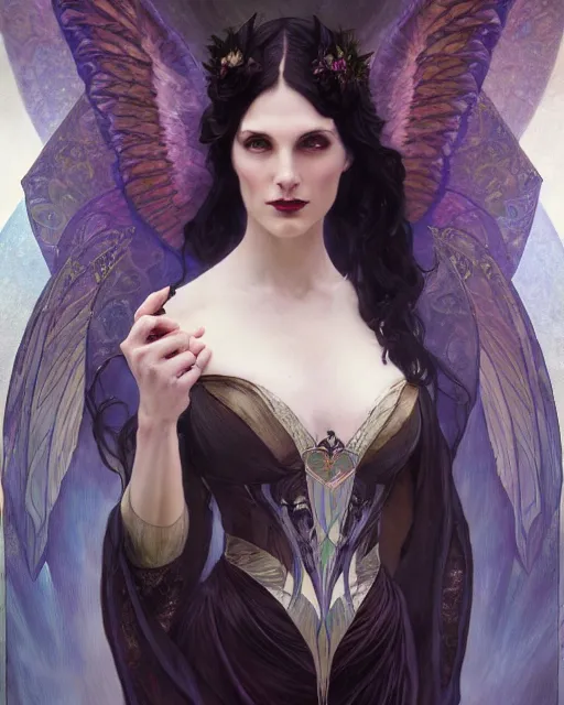 Prompt: daniel gerhartz, wlop, tom baghshaw, alfons mucha detailed portrait digital painting of a beautiful serious villainess wearing fantasy clothing like liliana vess, villainess has black angel wings, evil mood, hellish battlefield in the background, embers flying, unreal engine, hyper realism, realistic shading, cinematic composition, blender render, octane render, ultrawide shot