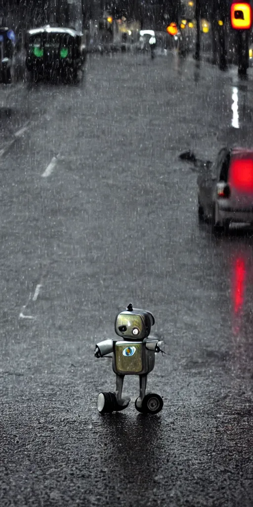 Image similar to robot on the road, city, photo, rain,