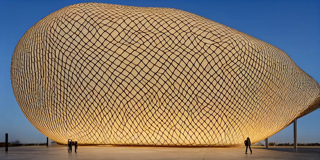 Image similar to a beautiful futuristic museum made out of translucent wood dragonfly wind pattern