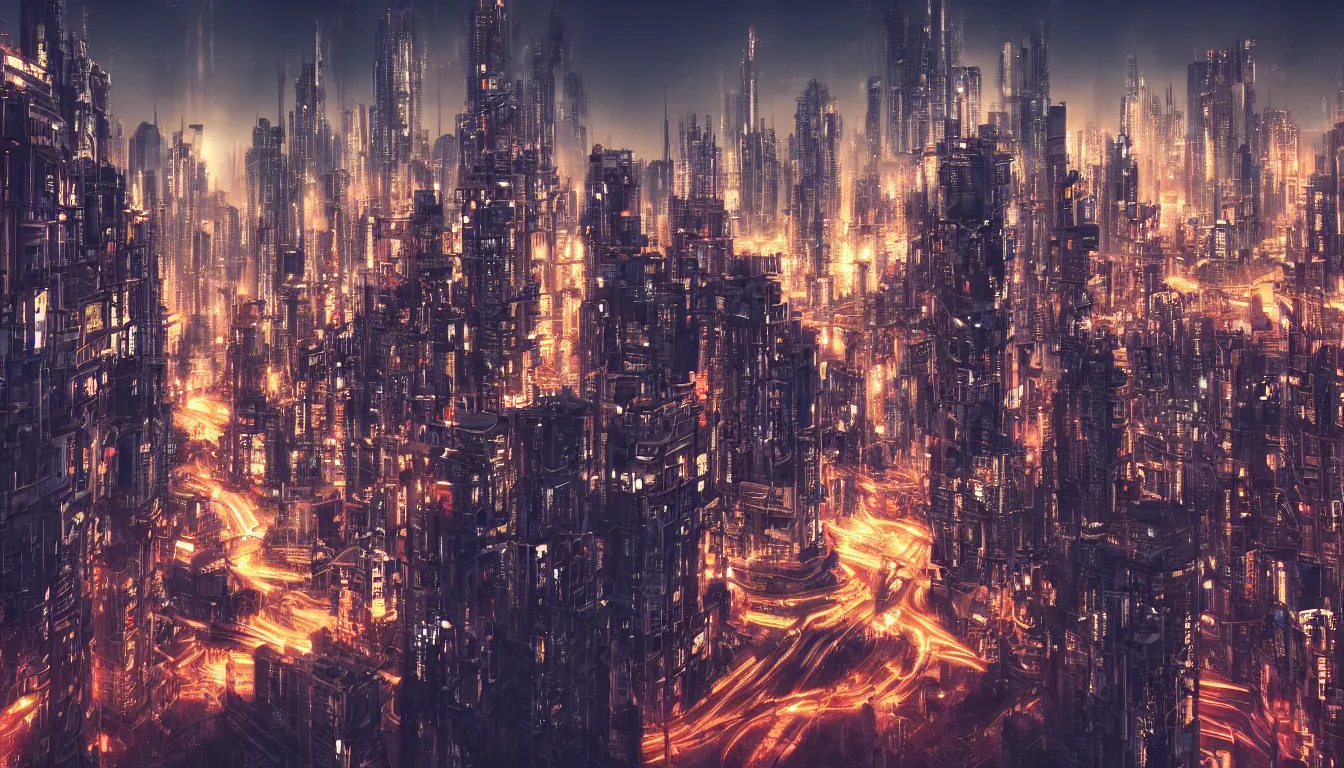 Prompt: evening deprecated cyberpunk city, photo, cool wallpaper for desktop