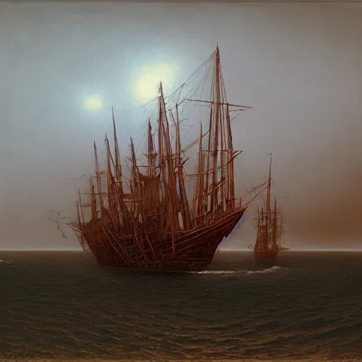 Image similar to a galleon by Zdzisław Beksiński, oil on canvas