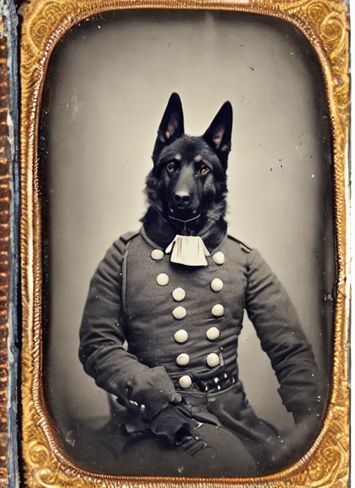 Image similar to professional studio photo portrait of anthro anthropomorphic german shepard head animal person fursona serious wearing elaborate military general uniform clothes degraded medium by Louis Daguerre daguerreotype tintype