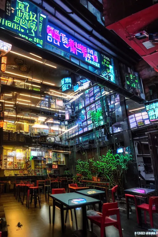 Image similar to full view, from a distance, of cyberpunk cafe in taipei, highly detailed