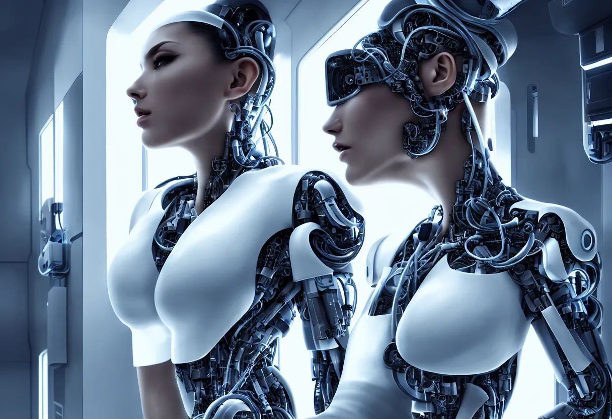 Prompt: Photo realistic render, centered in image a singular incredibly beautiful and alluring female cyborg looking into camera, in a clean futuristic advanced military medical bay with cables hanging from ceiling, cables on floor, beautiful face, voluptuous body, cyberpunk, sci-fi, fantasy, intricate, elegant, highly detailed, artstation, concept art, smooth, sharp focus, octane render, dramatic lighting, art by artgerm and greg rutkowski and alphonse mucha and wlop