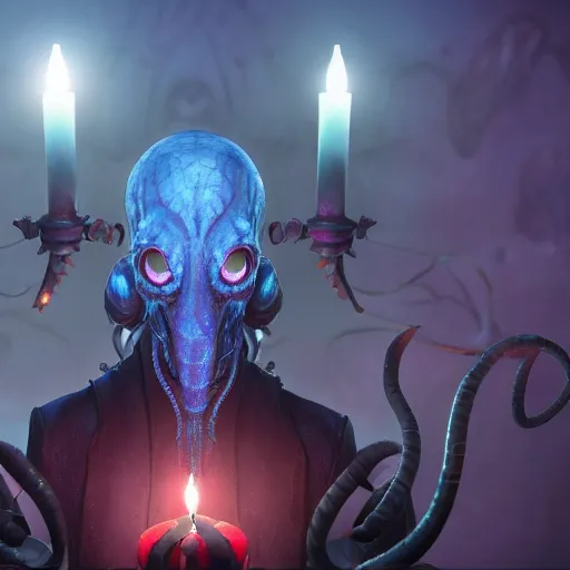 Image similar to ilithid mindflayer with headphones playing synthesizers, D&D, sigils, glowing candles, studio quality, intricate detail, unreal engine, hyperrealistic,