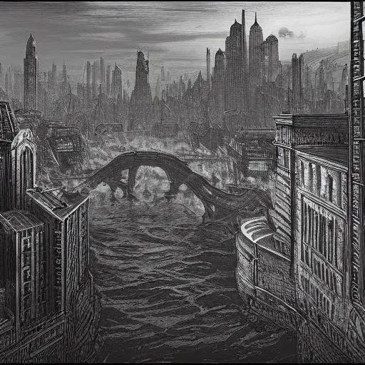 Prompt: dieselpunk city pollution river drawn by gustave dore perspective wide angle