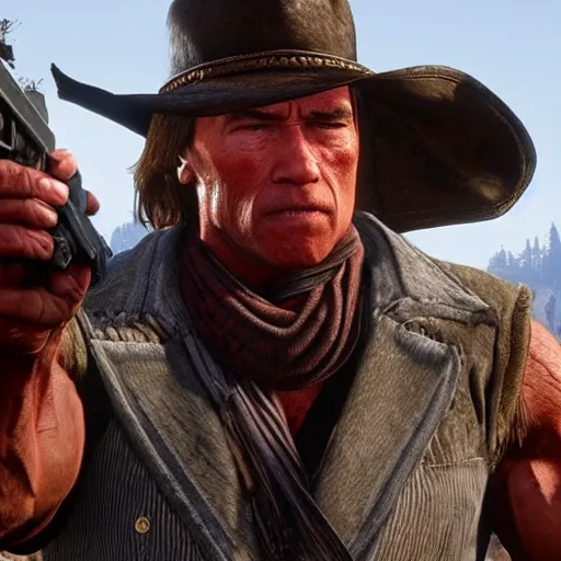 Prompt: Arnold Schwarzenegger in Red Dead Redemption 2