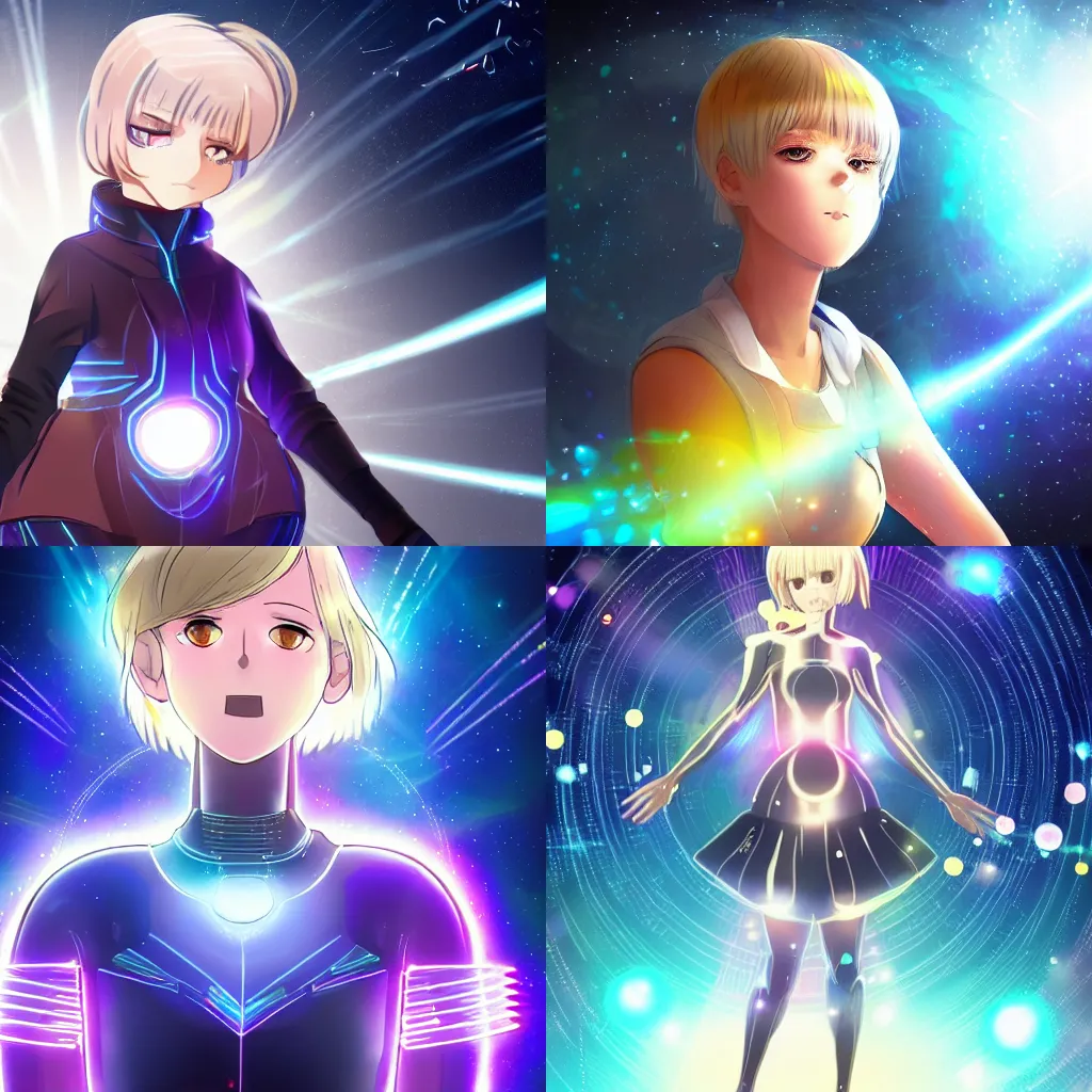 Prompt: a cute girl with short blonde hair, with many detailed shields of holographic light orbiting in circles around her body, full body shot, sci fi anime, dramatic lighting
