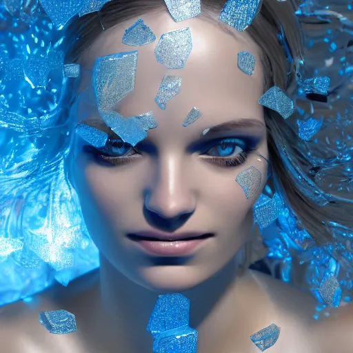 Prompt: a highly detailed digital image of a futuristic woman elegantly wrapped with silver leaves and blue ice cubes, by Andrea Chiampo, artstation and Frederik Heyman, extremely detailed woman, stunning volumetric lighting, hyper realism, fantasy 4k