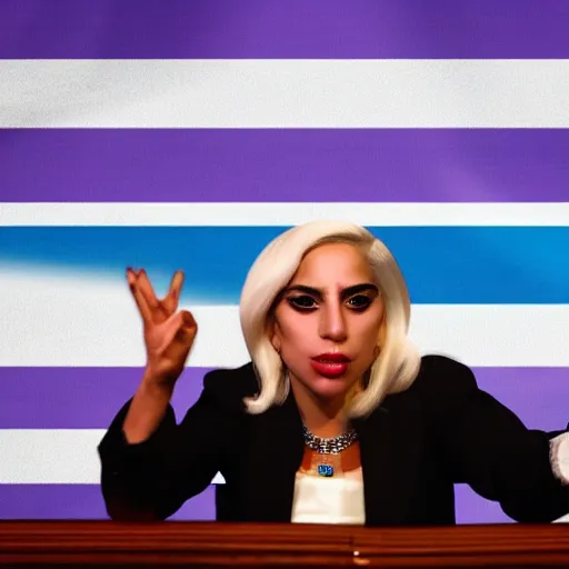 Prompt: Lady Gaga president of Argentina, Argentina flag behind, bokeh, detailed, hd, waving hands, in Argentine Congress