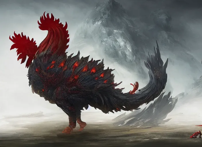 Prompt: detailed concept art of a huge rooster monster creature by cheng yi and luolin, artstation, artstationhd