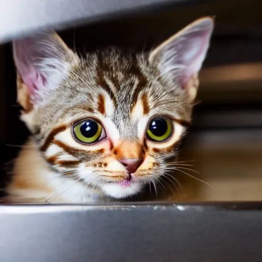 Prompt: a tabby kitten inside a kitchen oven looking at camera, close up