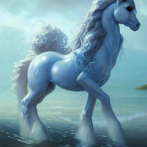 Prompt: a fantastical translucent poney made of water and foam,, ethereal, hyperalism, cute, scottish folklore, digital painting, artstation, concept art, smooth, 8 k frostbite 3 engine, ultra detailed, art by artgerm and greg rutkowski and magali villeneuve