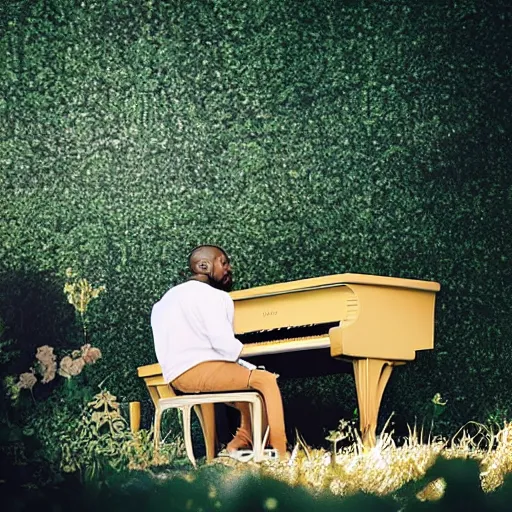 Image similar to Kanye West playing the piano in the middle of a garden, vintage camera, dreamy, atmospheric, golden hour, cinematic lighting, 8K concept art