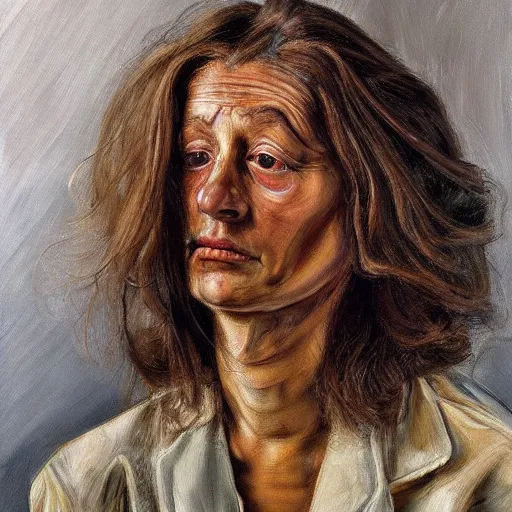 Prompt: high quality high detail painting by lucian freud, hd, long hair confused woman portrait, photorealistic lighting