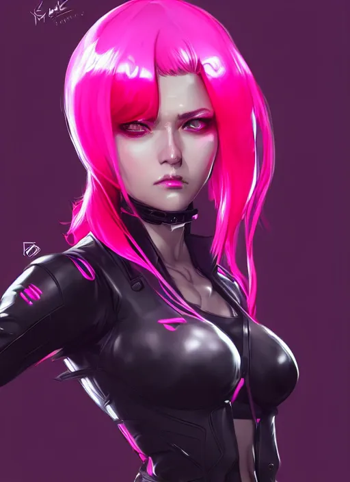 Image similar to female boss, wide angle view, neon pink and black color scheme, highly detailed, artgerm, cushart krenz, metal gear solid style, trending on artstation, soft light, sharp focus, illustration, character design, concept art