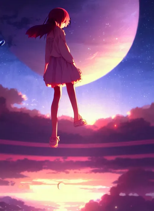 Image similar to anime girl floating against the backdrop of dawn, saturn in the background, illustration, concept art, anime, key visual, trending pixiv fanbox by wlop and greg rutkowski and makoto shinkai and studio ghibli