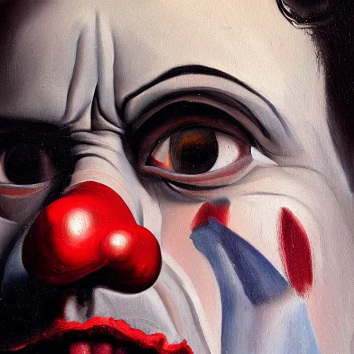 Image similar to detailing character concept portrait of clown by Caravaggio, on simple background, oil painting, middle close up composition