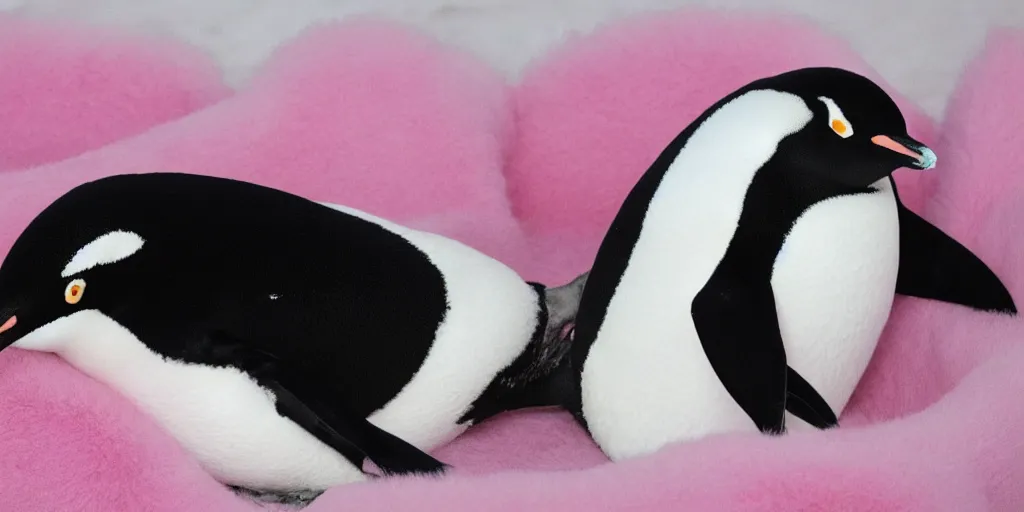 Prompt: realistic penguin sitting in an pink fluffy bed