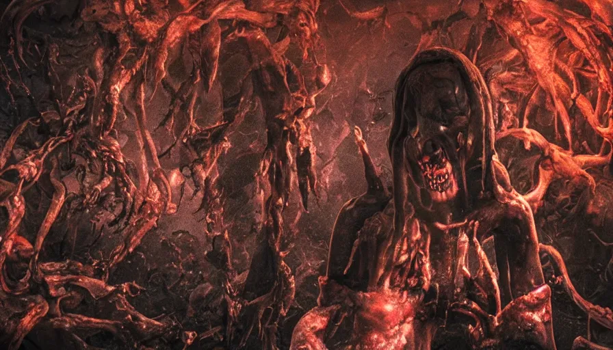 Prompt: a beautiful high - quality photo of an entity of pure darkness walking through gory flesh hell, devouring happiness and souls, dismembering people, body horror, despair, eternity, void of flesh and horror, cosmic horror, volumetric lighting, hyperrealistic, very detailed, 8 k