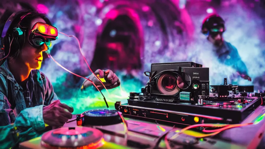 Image similar to a person wearing goggles and visor and headphones using a retro record player contraption, wires and tubes, turntablism dj scratching, intricate planetary gears, cinematic, imax, sharp focus, leds, bokeh, iridescent, black light, fog machine, hazy, lasers, hyper color digital art