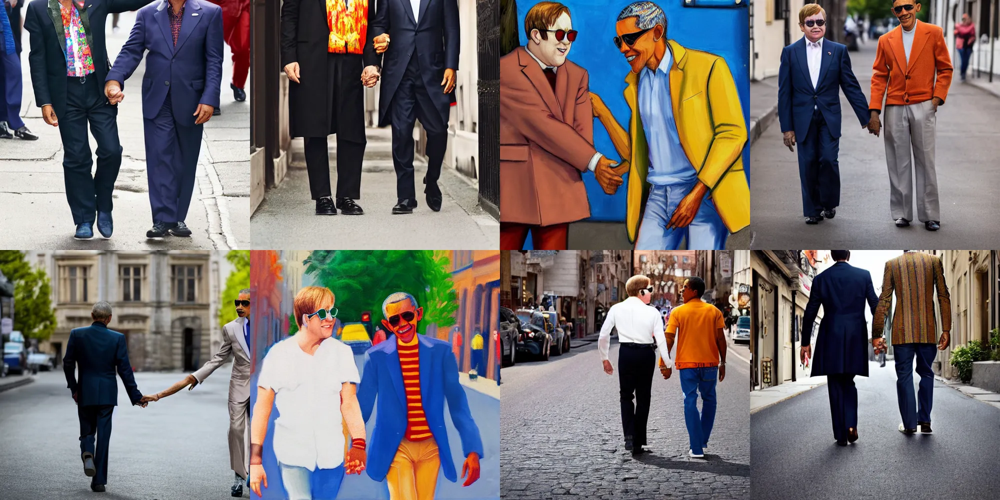 Prompt: elton john and barack obama holding hands on a street, romantic, professional picture, warm colors, hyperrealistic, high detail, detailed faces, 8 k, award winning, masterpiece,