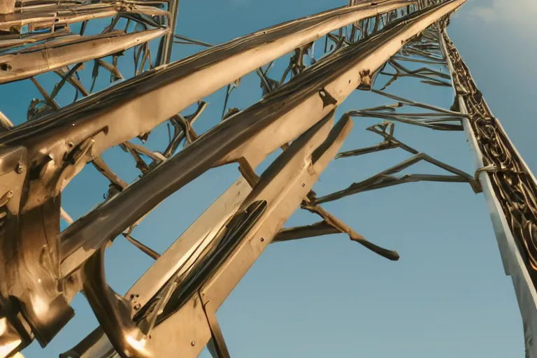 Prompt: shiny metal rails in blue sky, award winning cinematic still