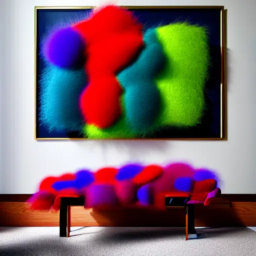 Image similar to : colorful abstract fuzzy sculpture art on the wall in modern architecture studio high luxury, cinematic lighting, hyper - realistic, detailed, render by c 4 d octane, unreal engine, 8 k 3 d render