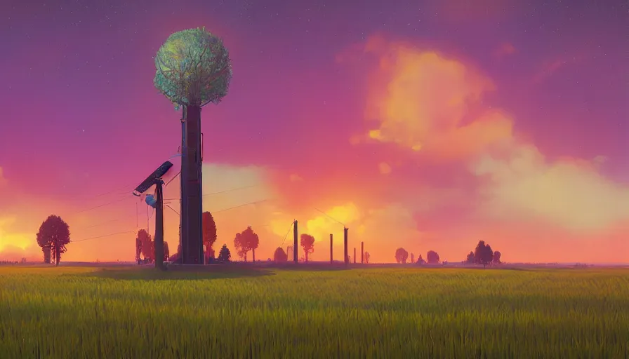 Image similar to sun in the colourful sky, wheat field, radio telescope, big trees, matte painting, art station, digital art, simon stalenhag