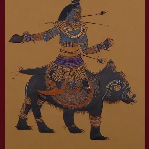 Image similar to tribal art of a warrior riding a bear into battle by japani shyam, highly detailed, very detailed, intricate, 8 k