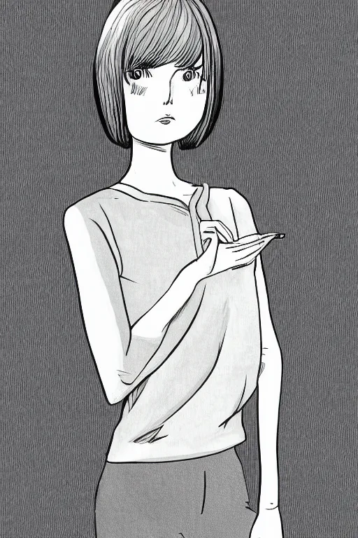 Image similar to portrait of a girl in long pants and a top, hands in pockets, eyes closed, bob haircut, digital art, black and white, lineart by junji ito