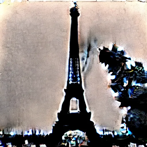 Image similar to extensive smoke rising from the top of the eiffel tower, aerial view, several police cars and crowds running across the ground, polaroid, 6 0's, hyperrealism, no blur, 4 k resolution, ultra detailed