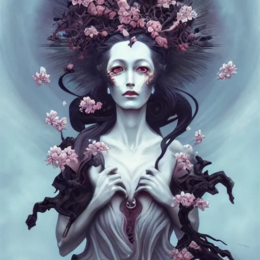 Image similar to fantasy portrait of a woman made of obsidian and smoke, carved Japanese Sakura wood organic overgrowth, holding nevermore, peter mohrbacher, artgerm, James Jean