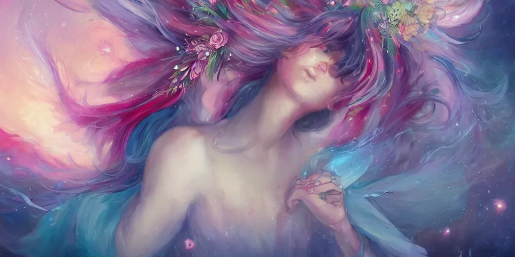 Image similar to a colorful and provenance portrait painting of a angel with her hugeflowers wings spread out gracefully ， detailed, highly detailed, hair made of hair made of air wind and curling smoke, mist, dust, genie, flowers, flower, stars, spirit fantasy concept art ， art by charlie bowater and aenami, trending on artstation.