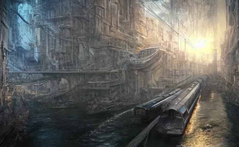 Image similar to An urban train rides inside of a waterway on a fantasy city, hyperrealistic mixed media, stunning 3d render inspired art by P. Craig Russell and Barry Windsor-Smith + perfect facial symmetry + dim volumetric lighting, 8k octane beautifully detailed render, post-processing, extremely hyperdetailed, intricate futuristic mechanic parts, epic composition, grim yet sparkling atmosphere, cinematic lighting + masterpiece, trending on artstation