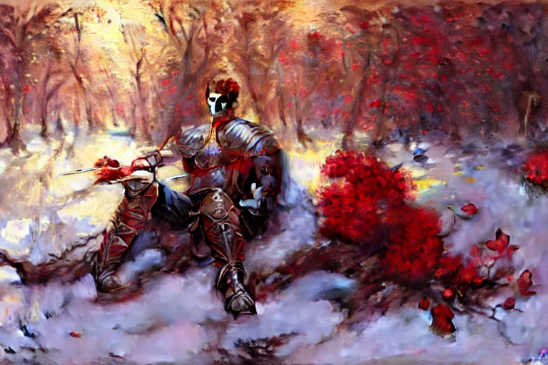 Image similar to winter, a male warrior wearing armor relaxing under a world tree with red flowers, ground covered with snow, extreme long shot, fantasy, painting by gaston bussiere, craig mullins, j. c. leyendecker, trending on artstation