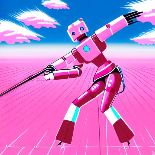 Image similar to a japanese woman battles pink robots, illustrated, detailed, 4 k