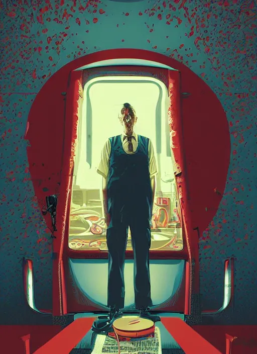 Prompt: poster artwork by Michael Whelan and Tomer Hanuka, Karol Bak of Steve Buscemi the local gas station attendant, from scene from Twin Peaks, clean, simple illustration, nostalgic, domestic, full of details