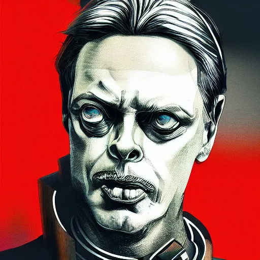 Prompt: cyberpunk steve buscemi as the leader of a futuristic communist society, cybernetics, sharp lines, high contrast, detailed, digital, artstation, colored in