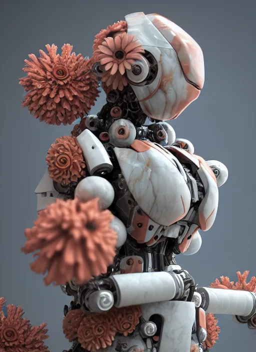 Prompt: biomechanical corals, daisies, well contoured smooth fair walls with marble mecha carrying a bottle of perfume, up close shot, sharp focus, global illumination, radiant light, alexandre ferra white mecha, irakli nadar, octane highly render, 4 k, ultra hd,