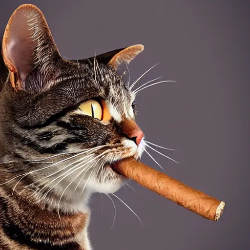 Image similar to a cute portrait of a flamboyant cat with a cigar in its mouth