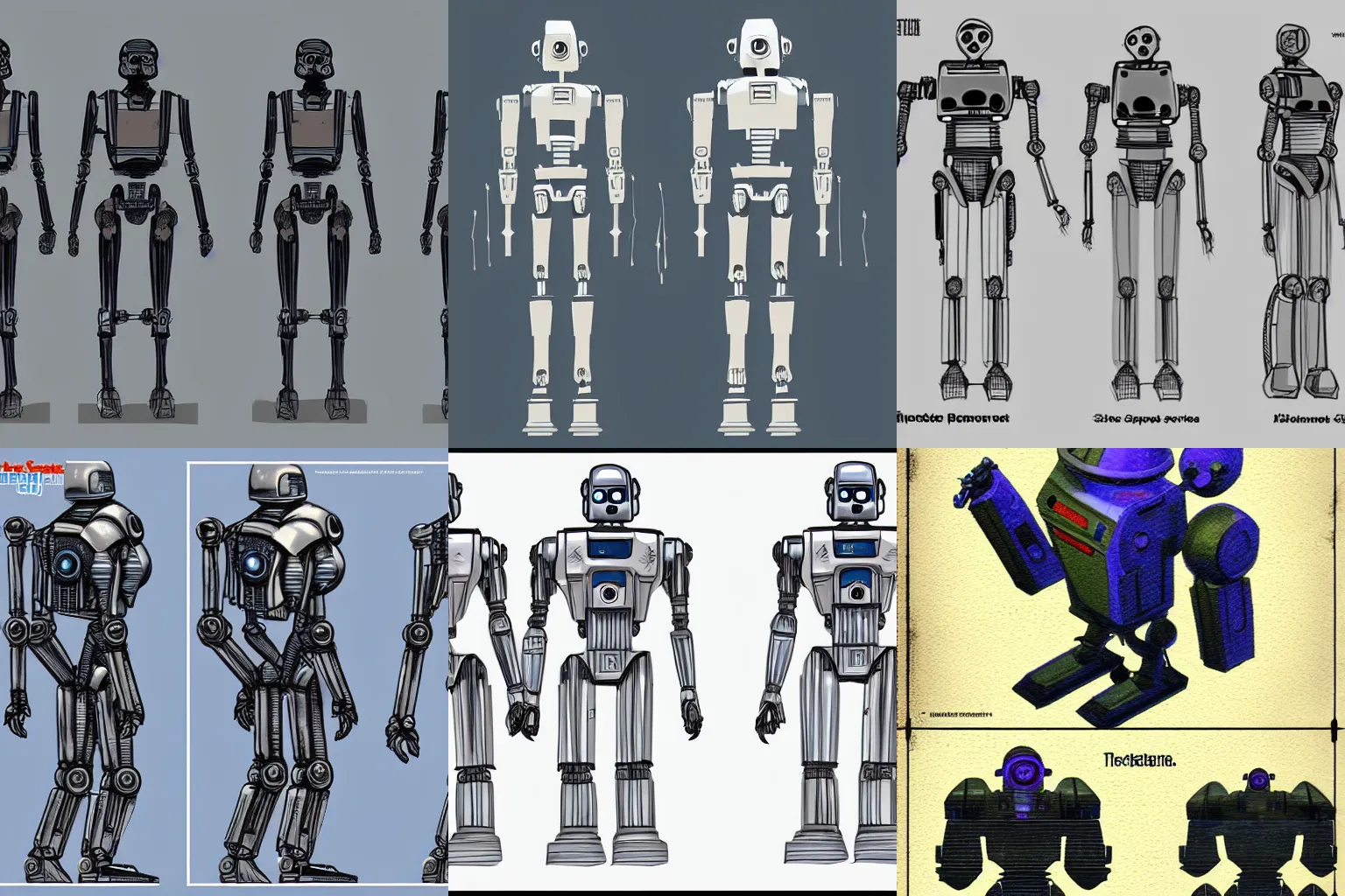 Prompt: concept art character sheet, front and side view of the same cute upper torso droid, from a space themed Sierra point and click 2D graphic adventure game, made in 2019, high quality graphics