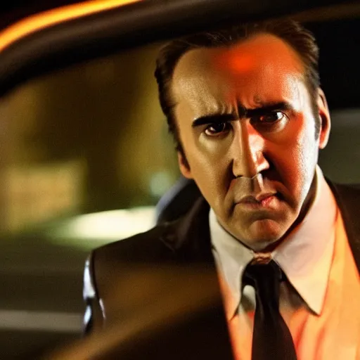 Prompt: photo of Nicolas Cage as Driver in Drive movie