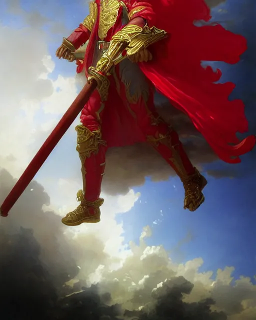 Image similar to A Full View of a Red Mage wearing red white and gold striped magical shining Conquistador armor and a feathered hat holding a staff of power surrounded by an epic cloudscape. Magus. Red Wizard. masterpiece. 4k digital illustration. by Ruan Jia and Artgerm and Andreas Rocha and William-Adolphe Bouguereau and Edmund Blair Leighton, award winning, Artstation, intricate details, realistic, Hyperdetailed, 8k resolution